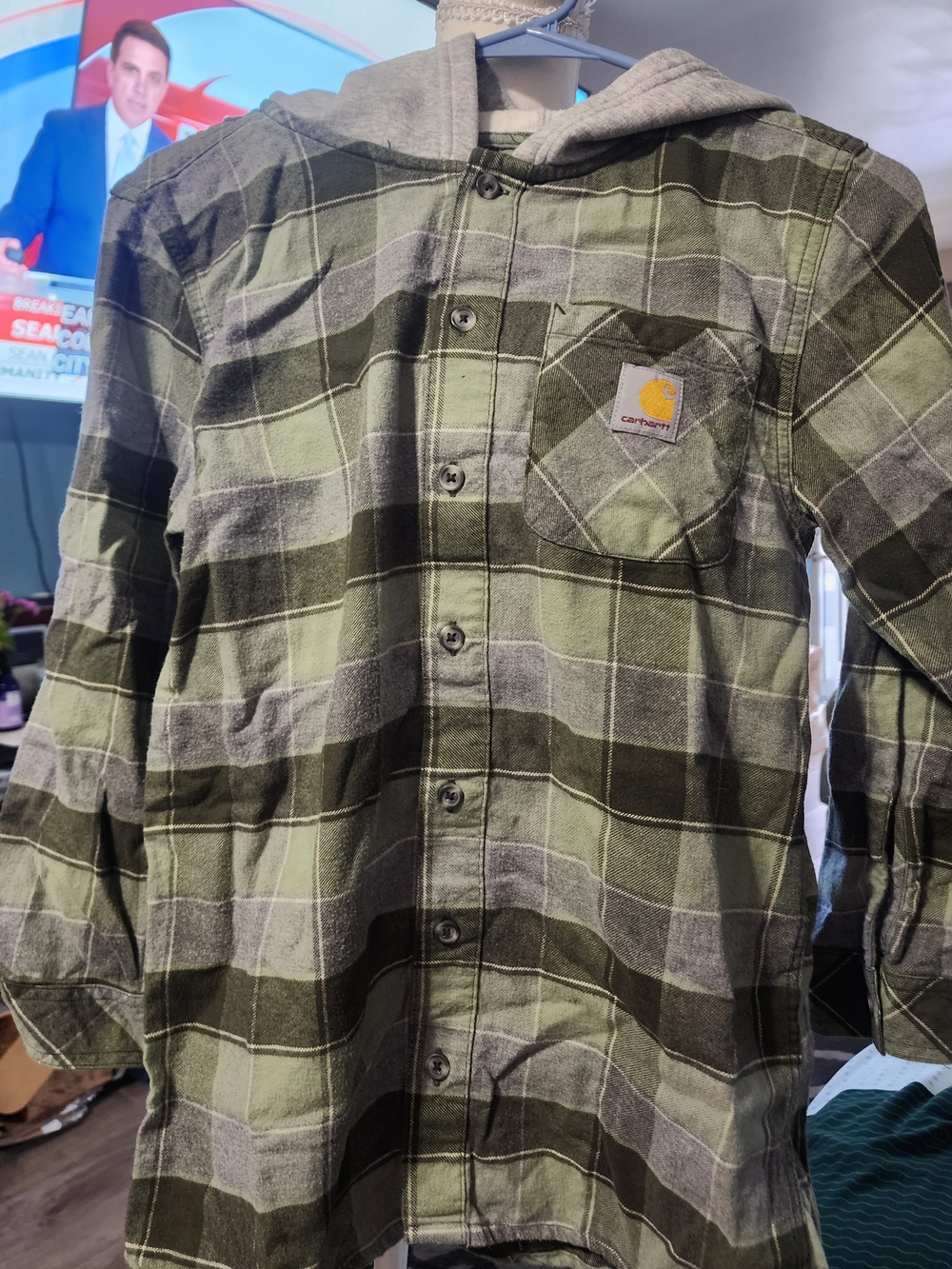 Carhartt Kid's Green Plaid Hooded Flannel Shirt Sz Lrg (14-16)